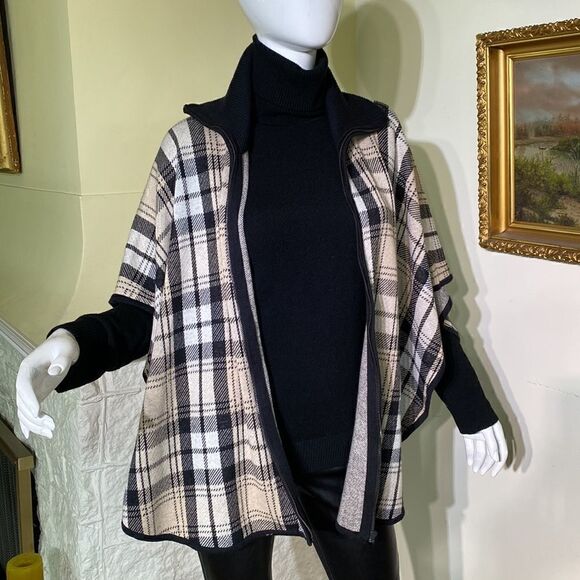 Jones New York Plaid Wool Blend Zip Up Cape/Poncho - Picture 12 of 16